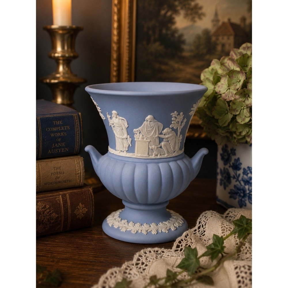 Wedgwood Blue Jasperware Miniature Urn Vase White Classical Relief England